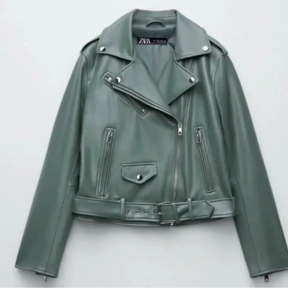 Zara Green Leather Biker Jacket - Picture 1 of 5